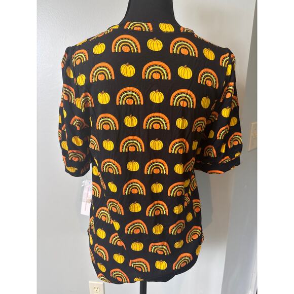 Modcloth Winning Them Over Pumpkin Rainbow Fall Halloween Black Top Women S NWT - Picture 4 of 7